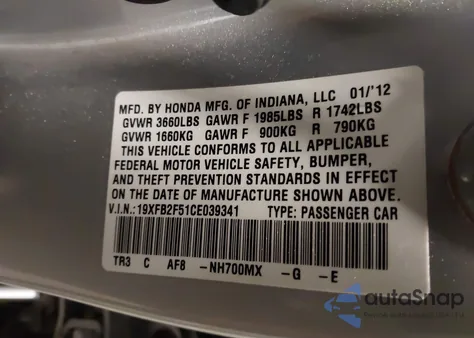 2012 Honda Civic Lx z USA, uszkodzony, nr VIN 19XFB2F51CE039341